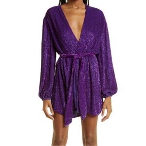 Retrofete Gabrielle  metallic long sleeve wrap dress in royal purple - SMALL